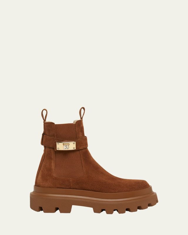 Suede Buckle Faux Fur Chelsea Booties
